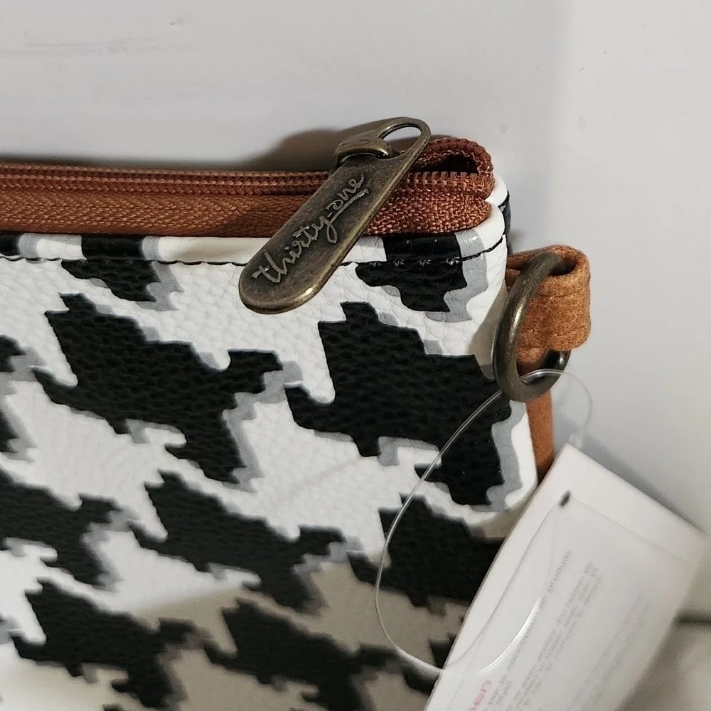 Thirty One Classic White Black Gray Houndstooth Pebble Pouch Bag Clutch NWT